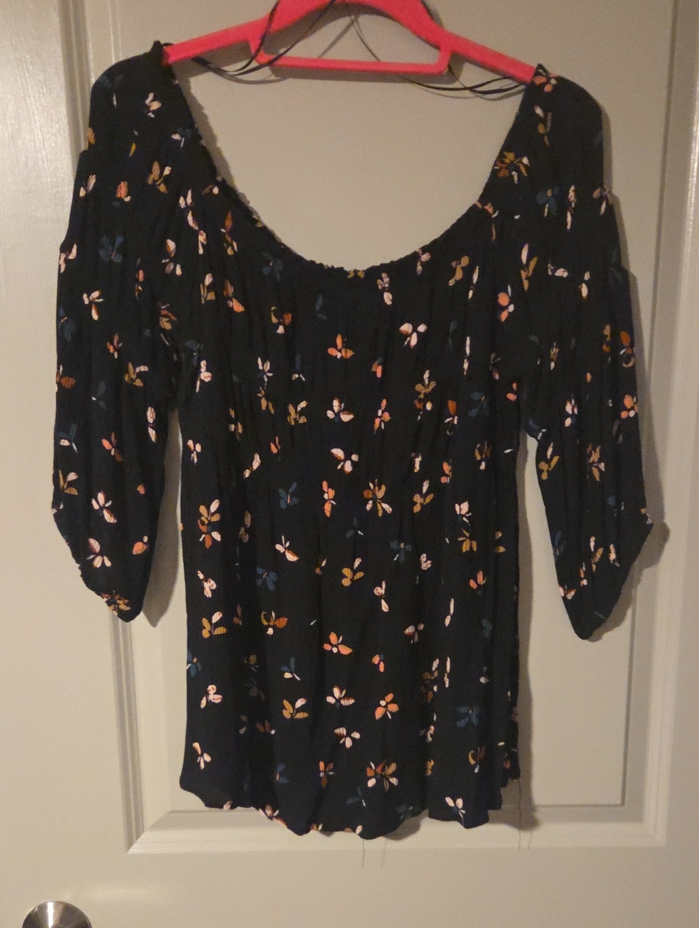 Maurices Black Floral Scoop-Neck Peasant Blouse with Multicolor Flowers